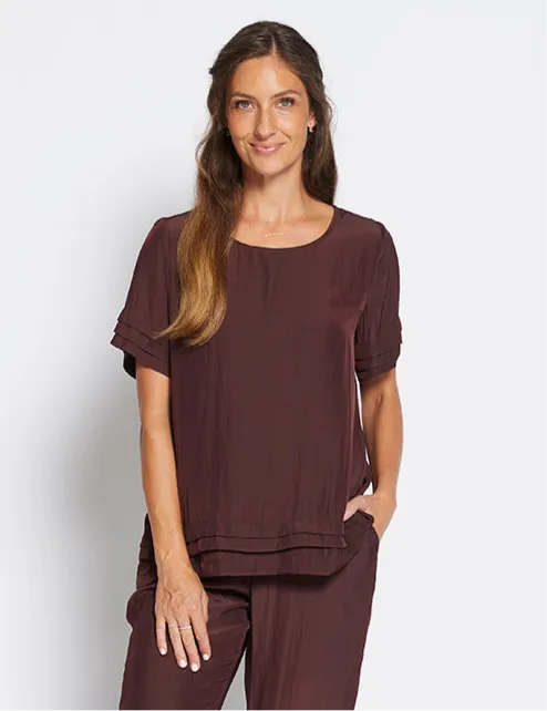 Pleat Lustre tee top in Chocolate