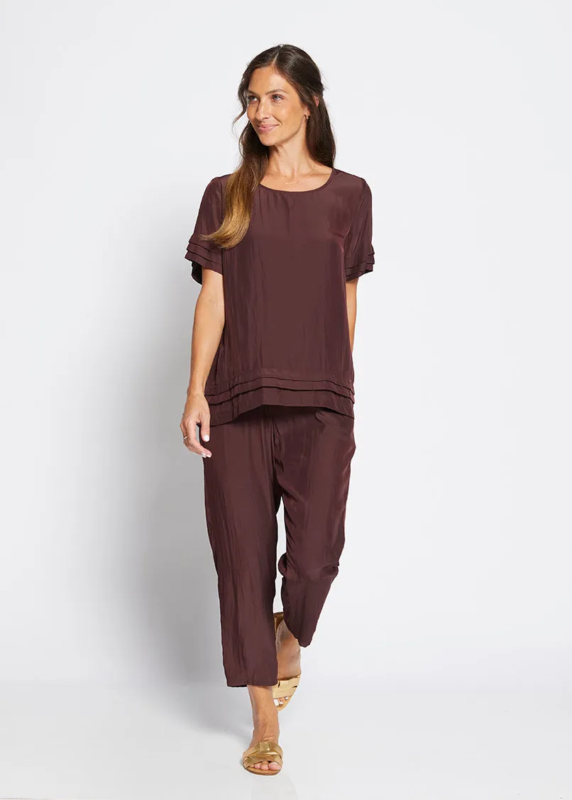 Pleat Lustre tee top in Chocolate