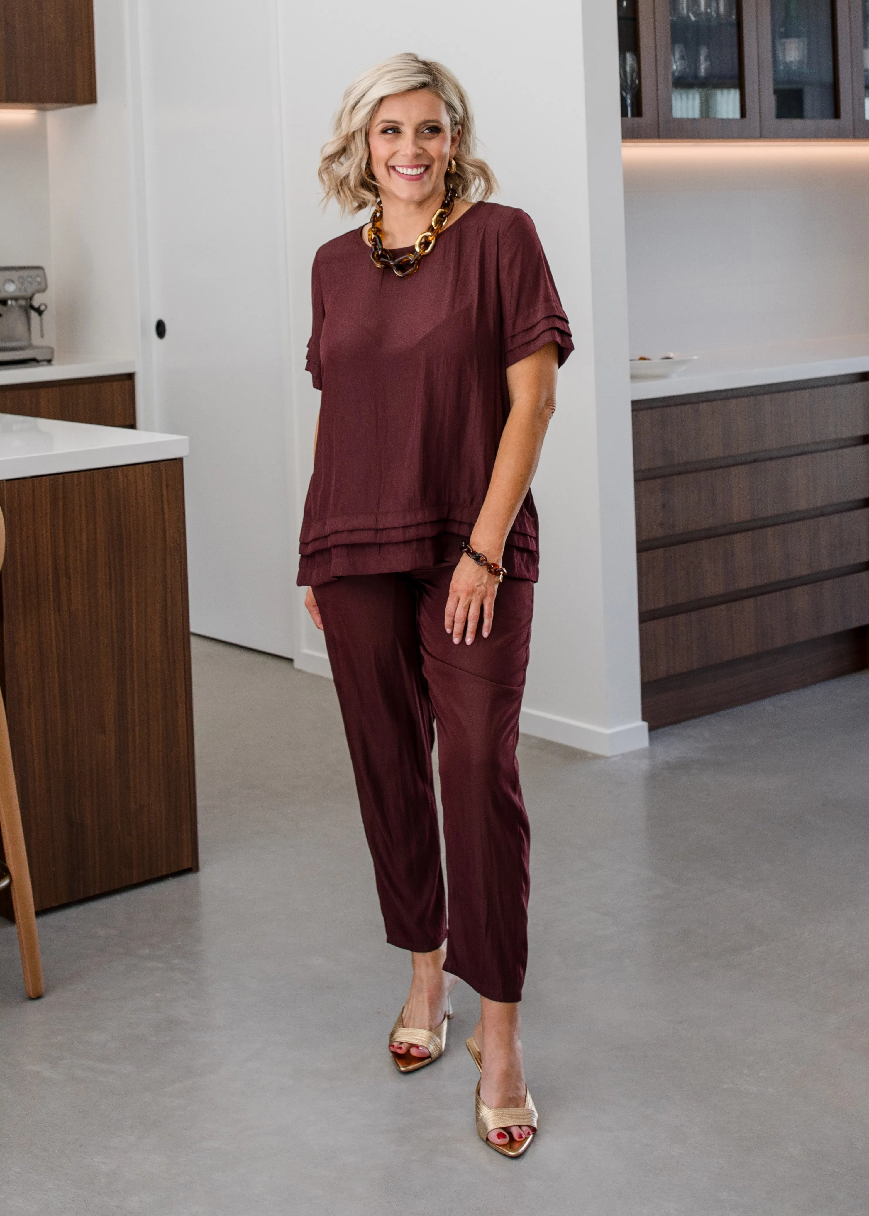 Pleat Lustre tee top in Chocolate