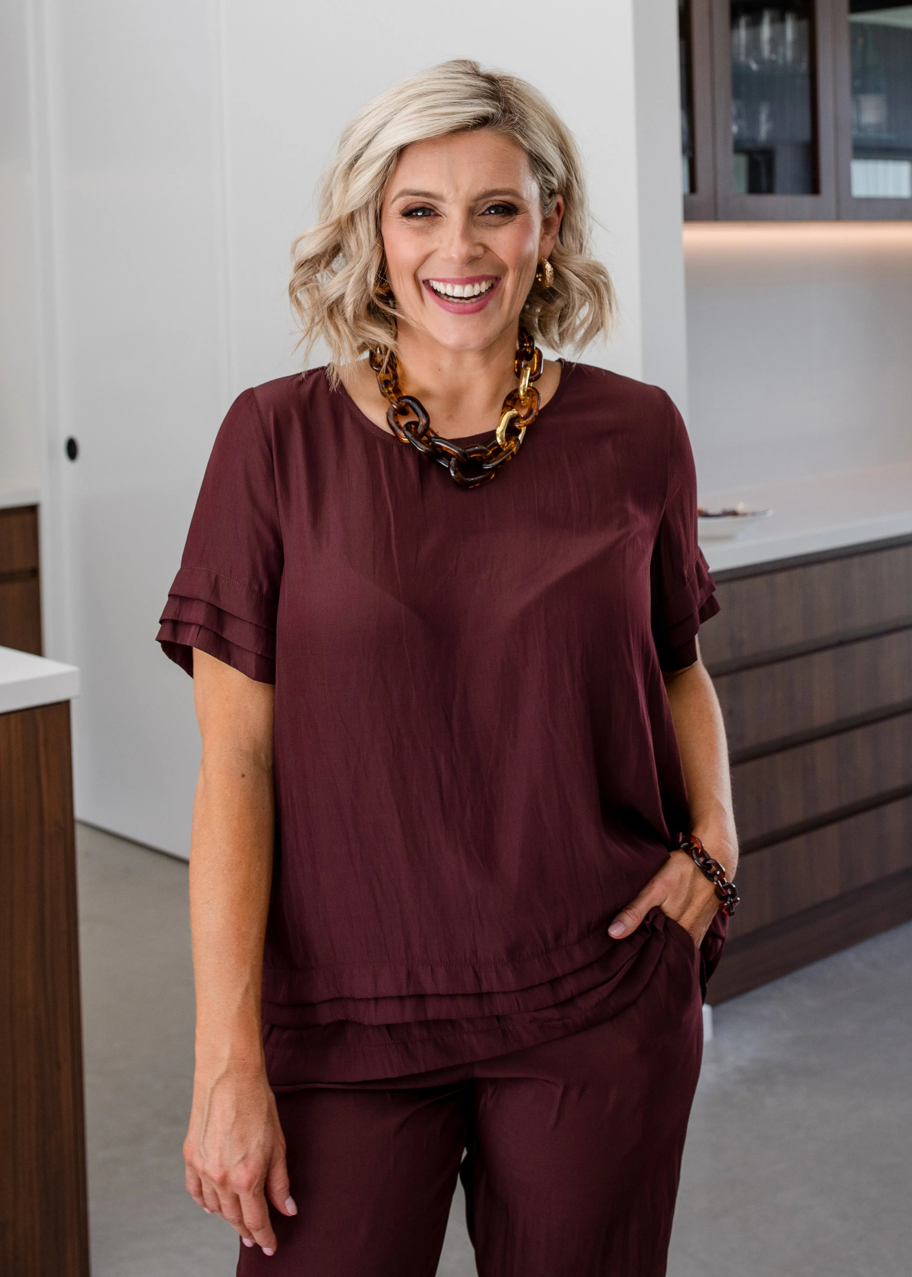 Pleat Lustre tee top in Chocolate