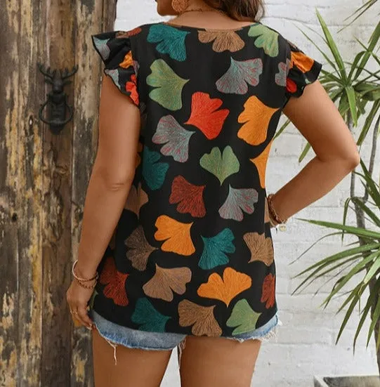 Plus Size Floral Print Flutter Sleeve Blouse