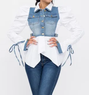 Plus Size White Taffeta and Denim Jacket