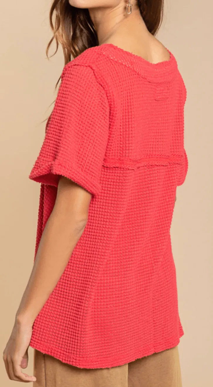 POL Short Sleeve waffle relaxed v neck top FKT354