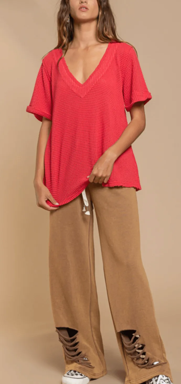 POL Short Sleeve waffle relaxed v neck top FKT354
