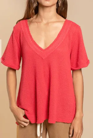 POL Short Sleeve waffle relaxed v neck top FKT354