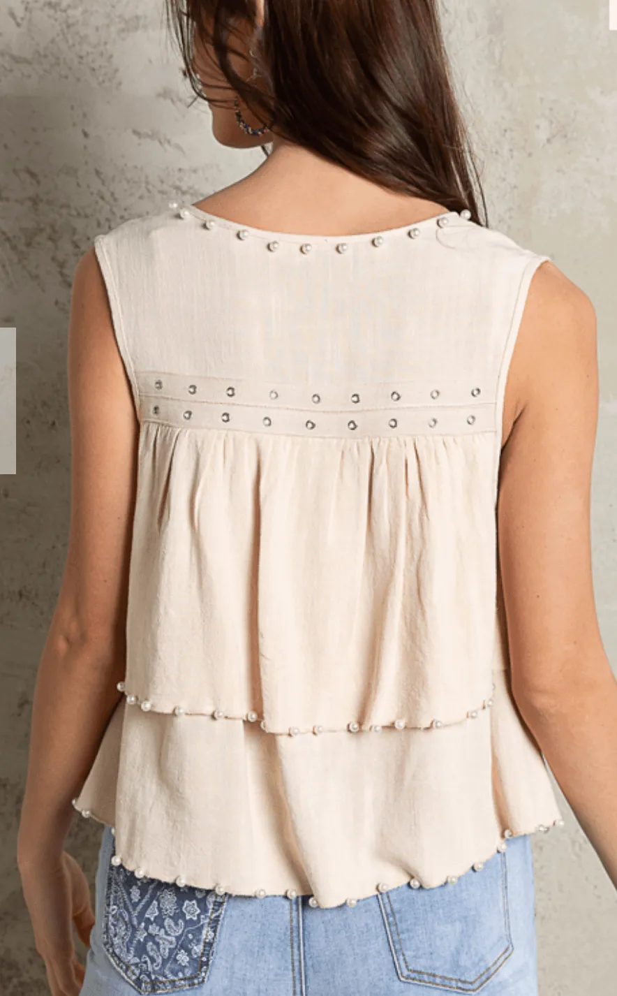 POL Sleeveless pearl and grommet soft layered top FWT413A