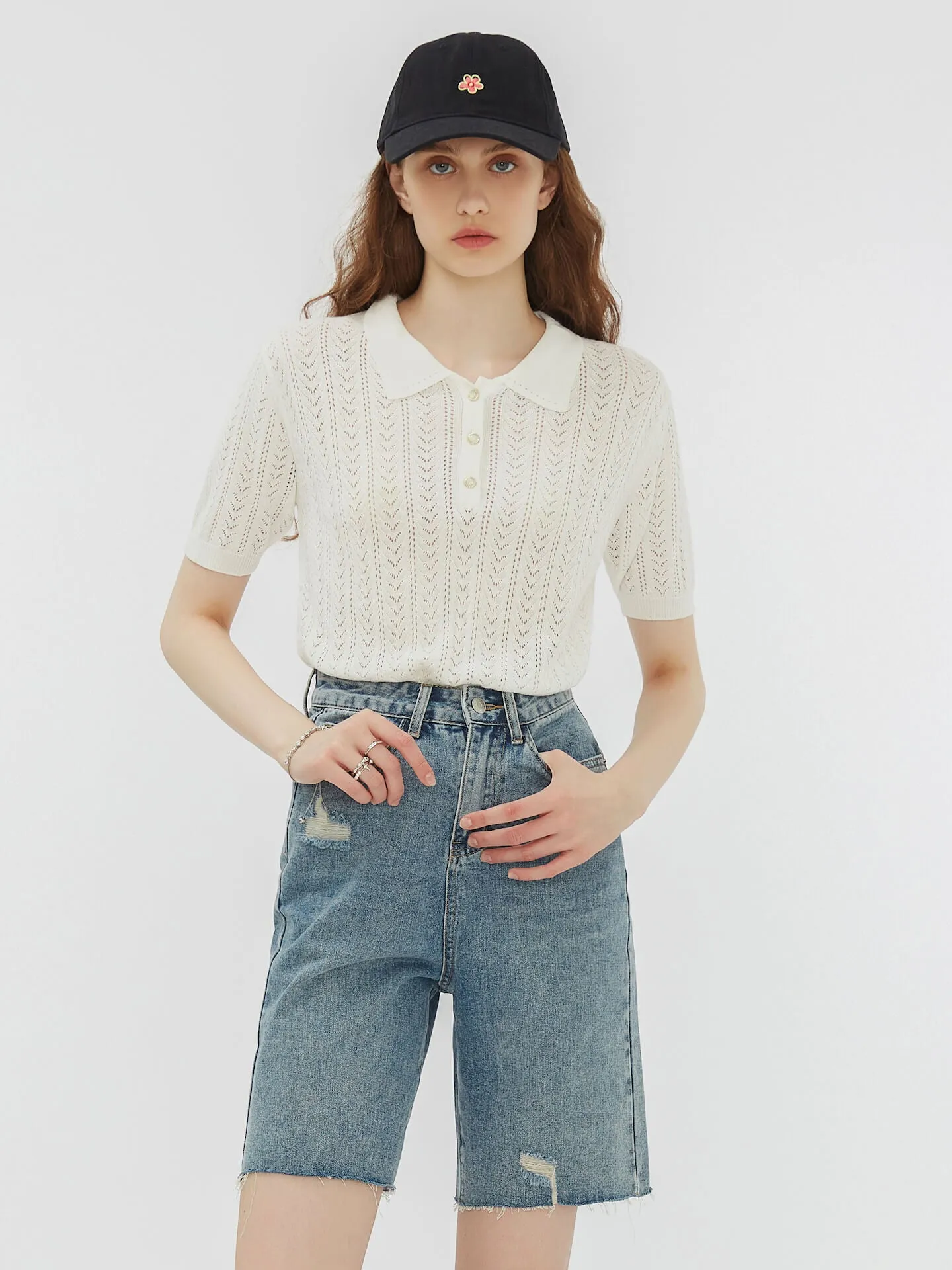 Polo Collar Short Sleeve Knit Top