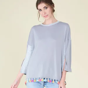 Pom Pom Trim Cape Sleeve Top