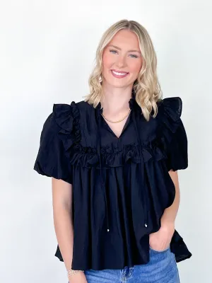 Presley - Black Ruffle Detail Blouse