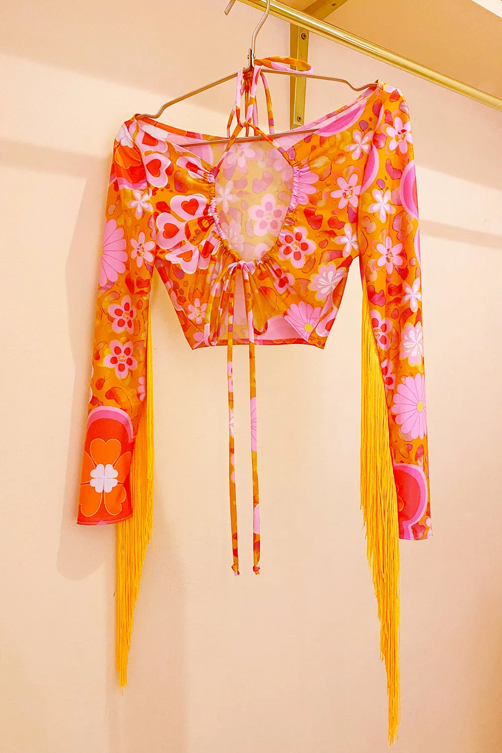 Printed Fringed Sleeve Cut Out Festival Top | Pastel | Loonigans