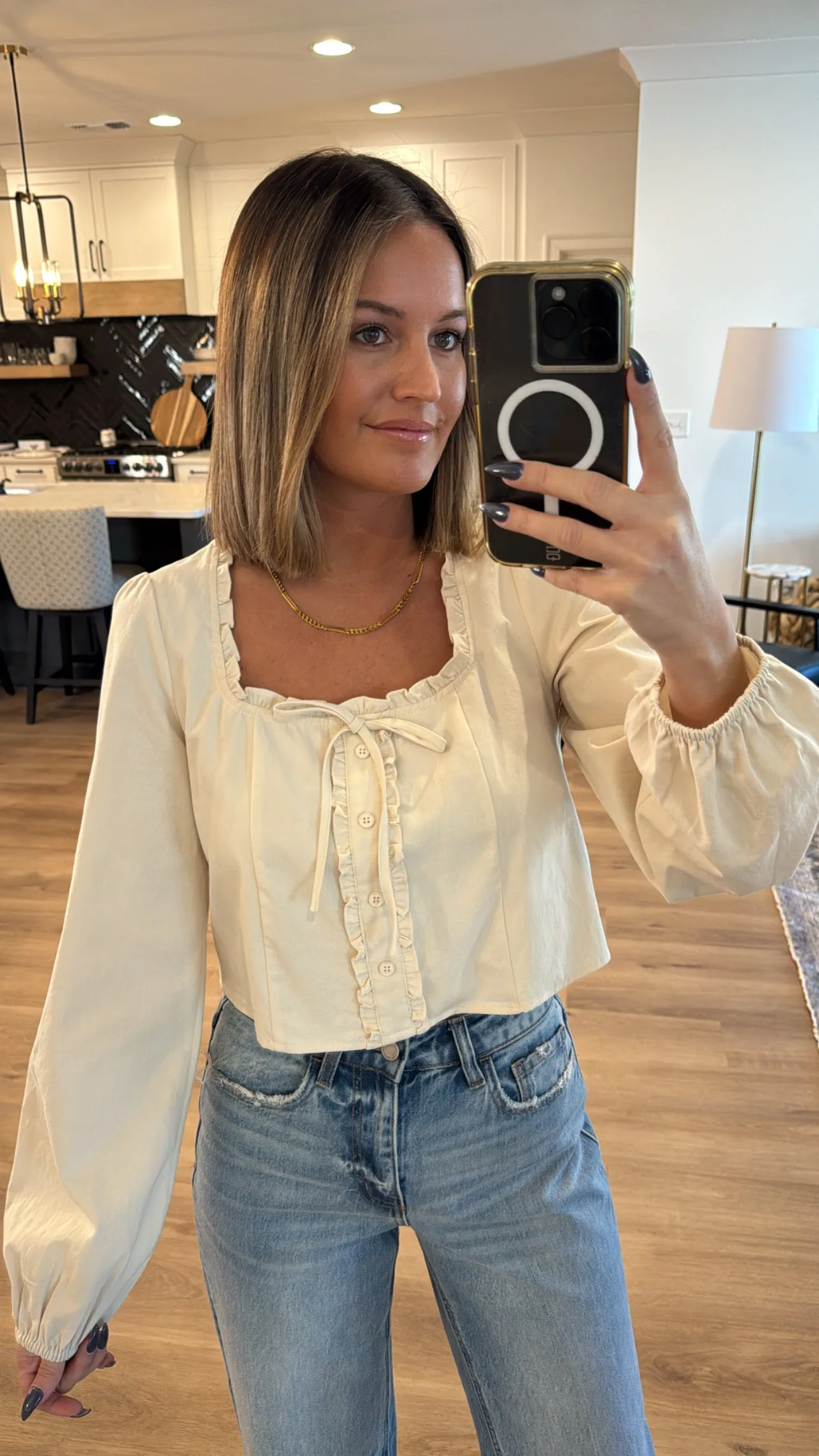 Puff Long Sleeve Square Neck Top, Cream