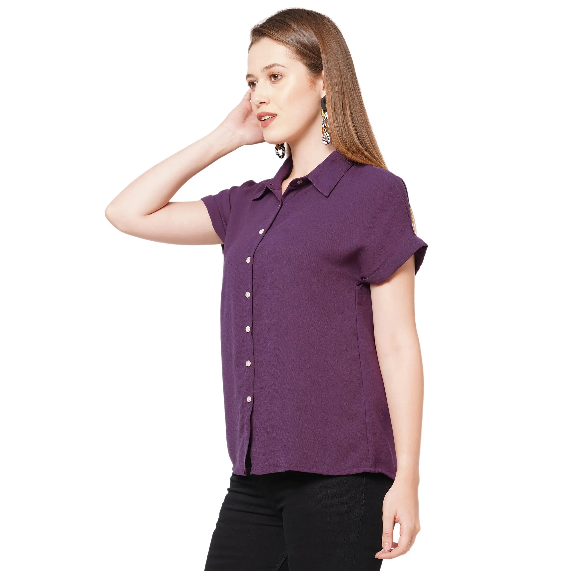 Purple Collar Neck Short Sleeves Top For Women