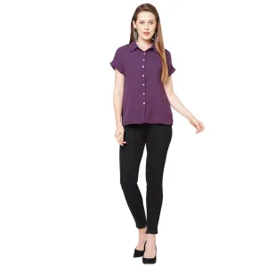 Purple Collar Neck Short Sleeves Top For Women