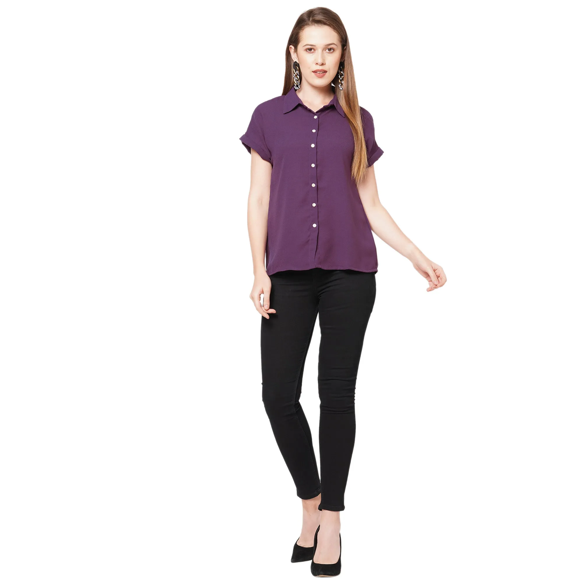 Purple Collar Neck Short Sleeves Top For Women