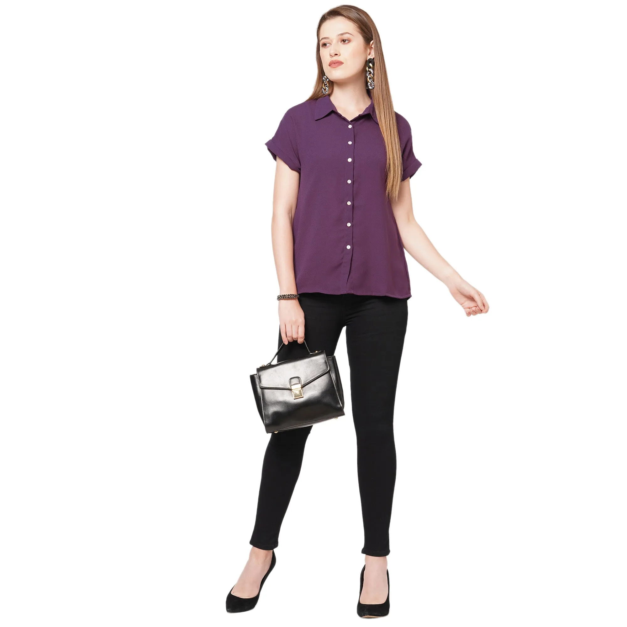 Purple Collar Neck Short Sleeves Top For Women
