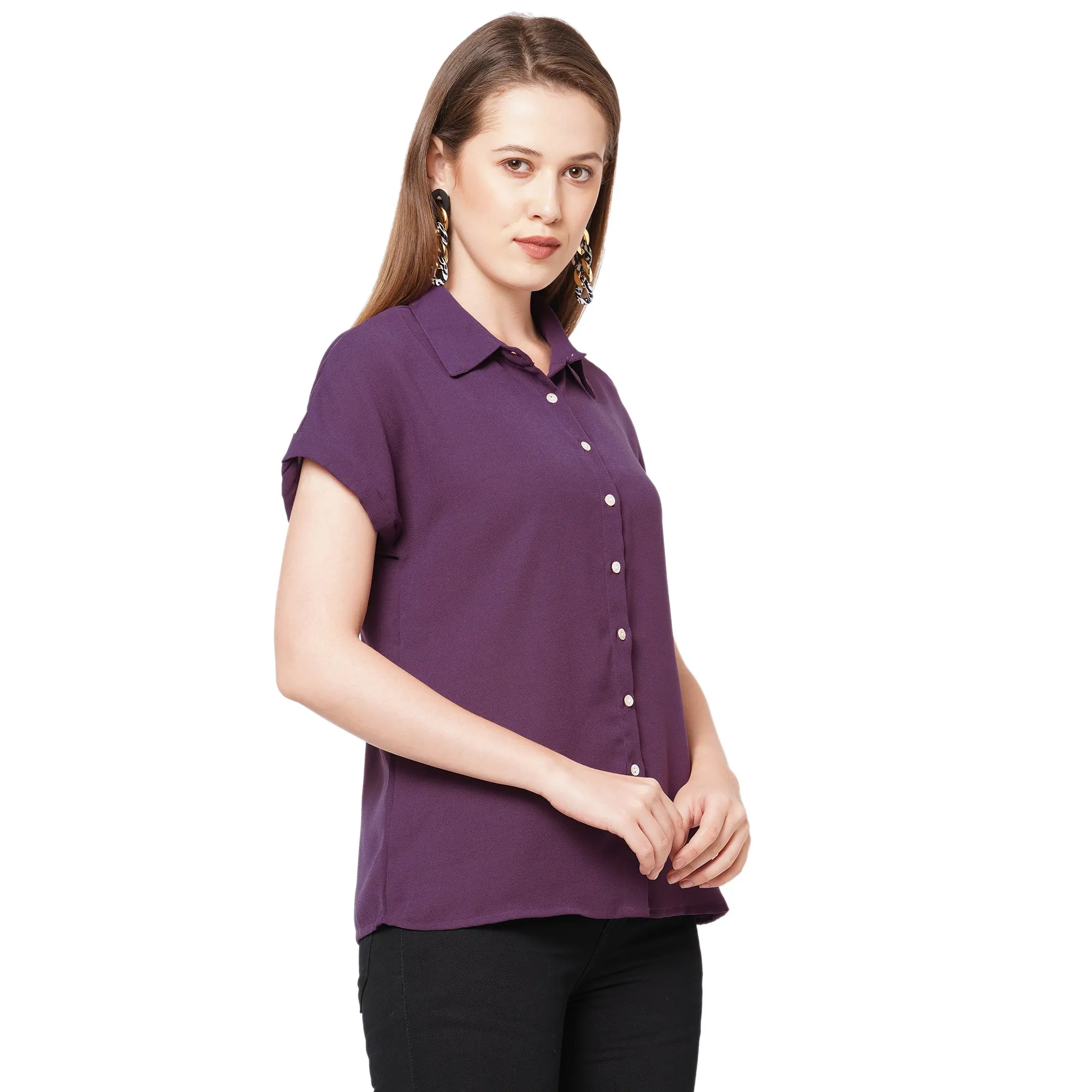 Purple Collar Neck Short Sleeves Top For Women