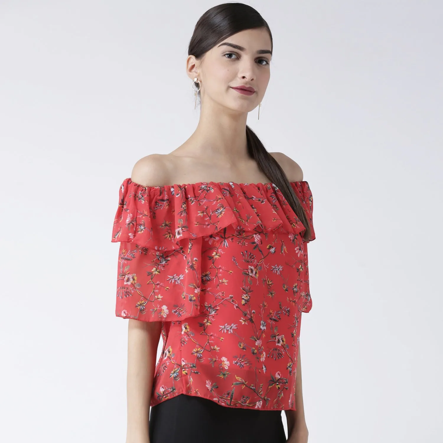 Red Floral Printed Off Shoulder Top