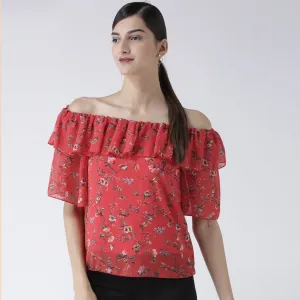 Red Floral Printed Off Shoulder Top