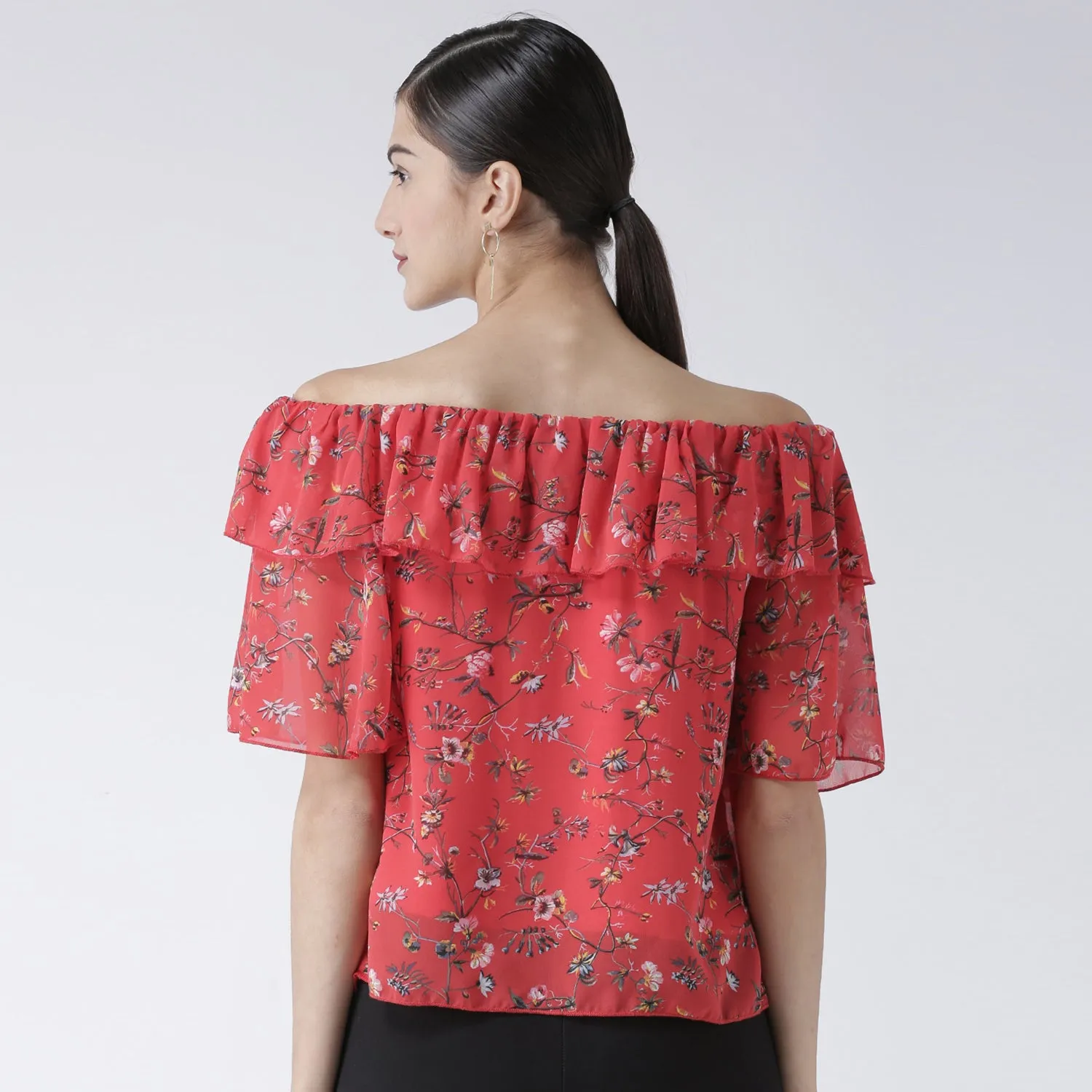 Red Floral Printed Off Shoulder Top