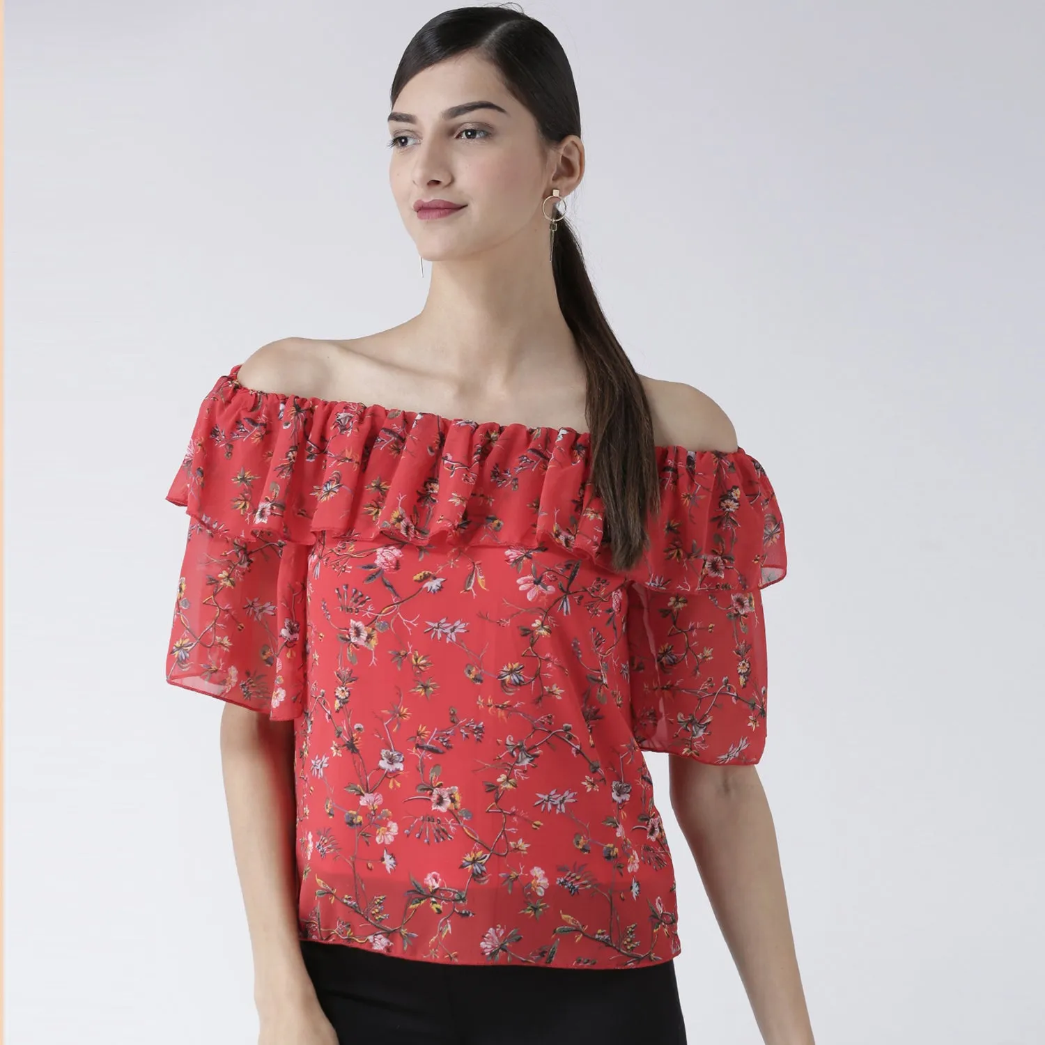 Red Floral Printed Off Shoulder Top