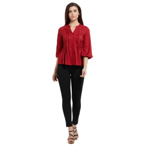 Red Mandarin neck side lace Top
