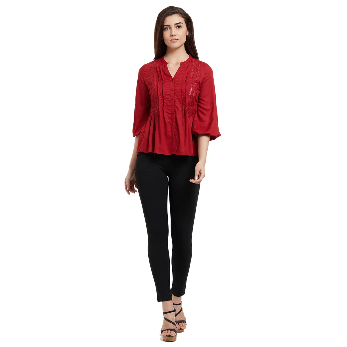 Red Mandarin neck side lace Top