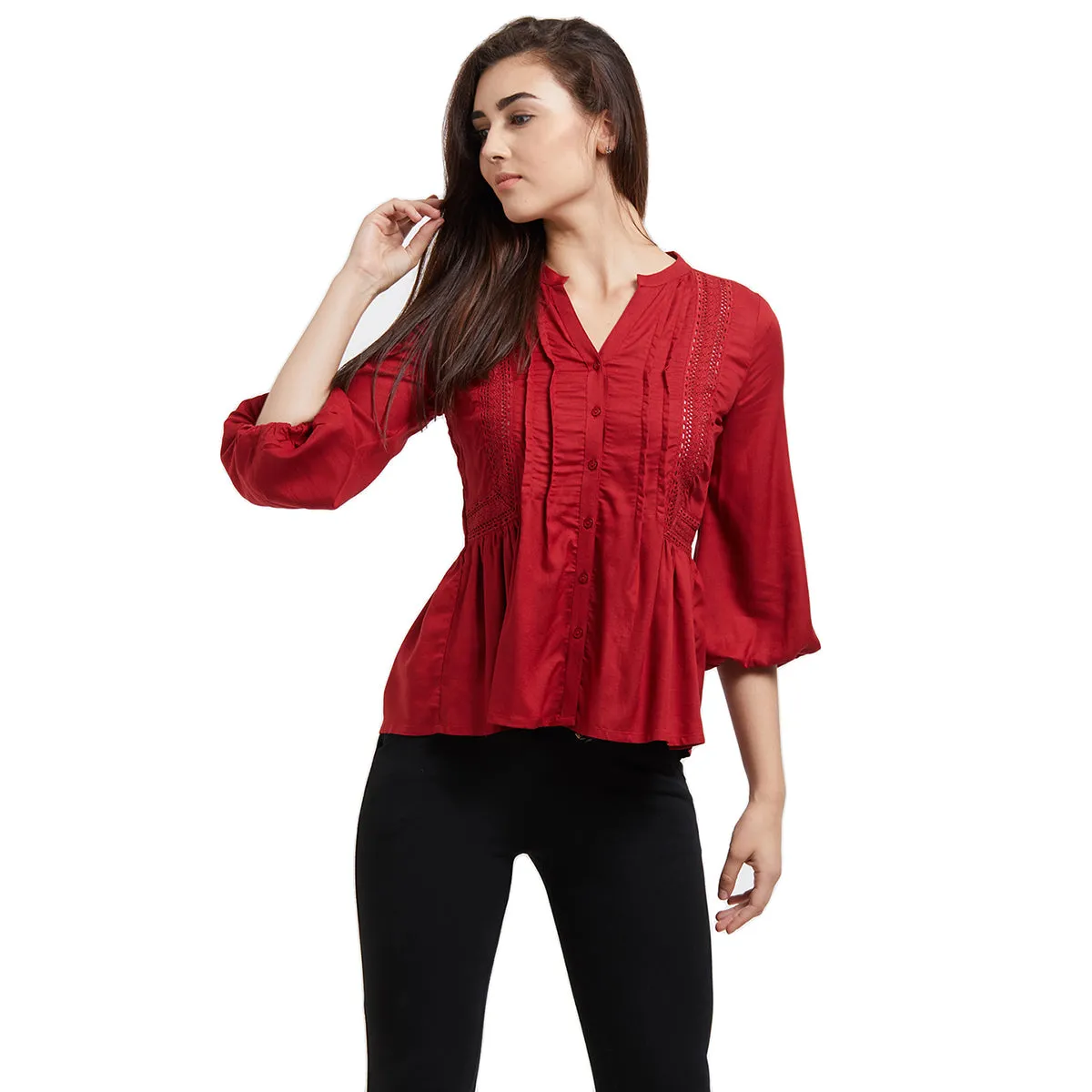 Red Mandarin neck side lace Top