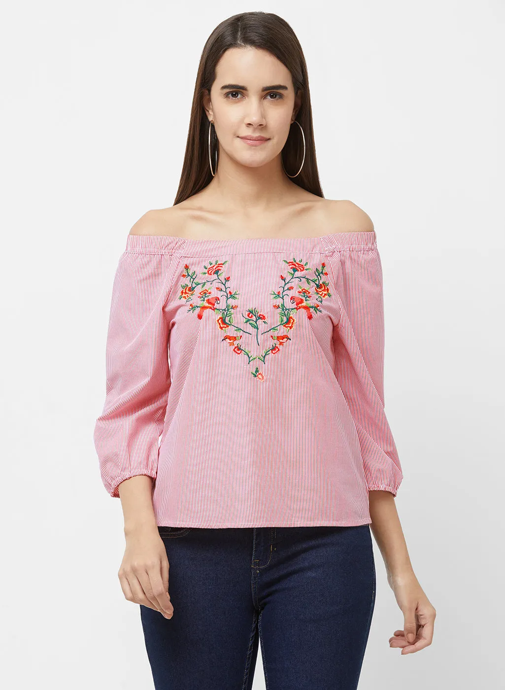 Red Off Shoulder Stripe Top With Embroidery