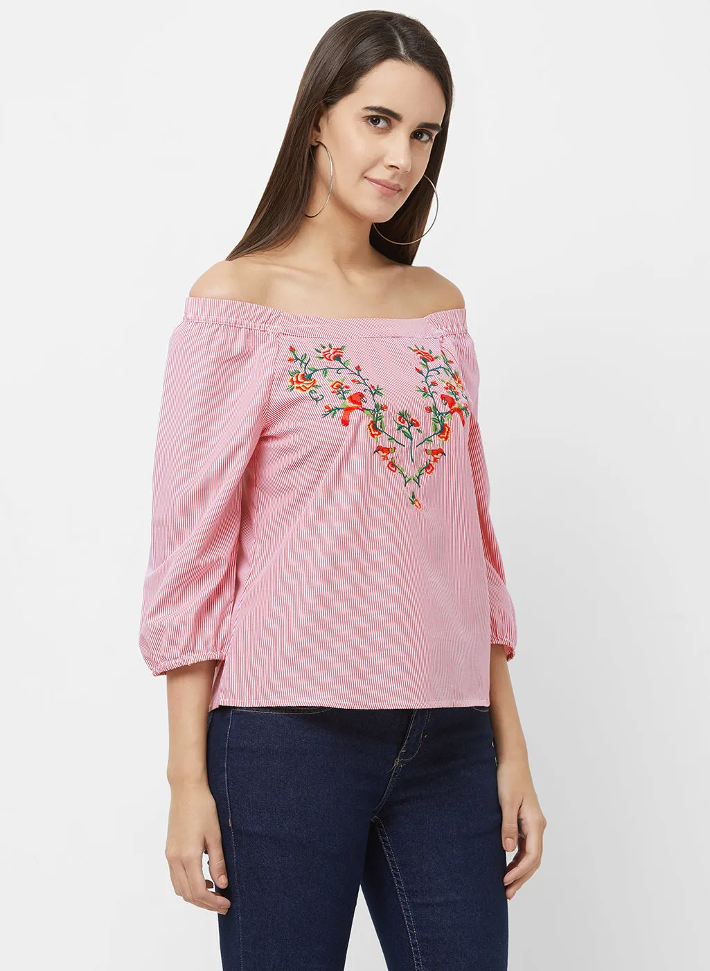 Red Off Shoulder Stripe Top With Embroidery