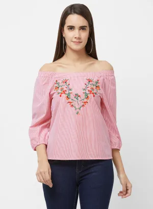 Red Off Shoulder Stripe Top With Embroidery