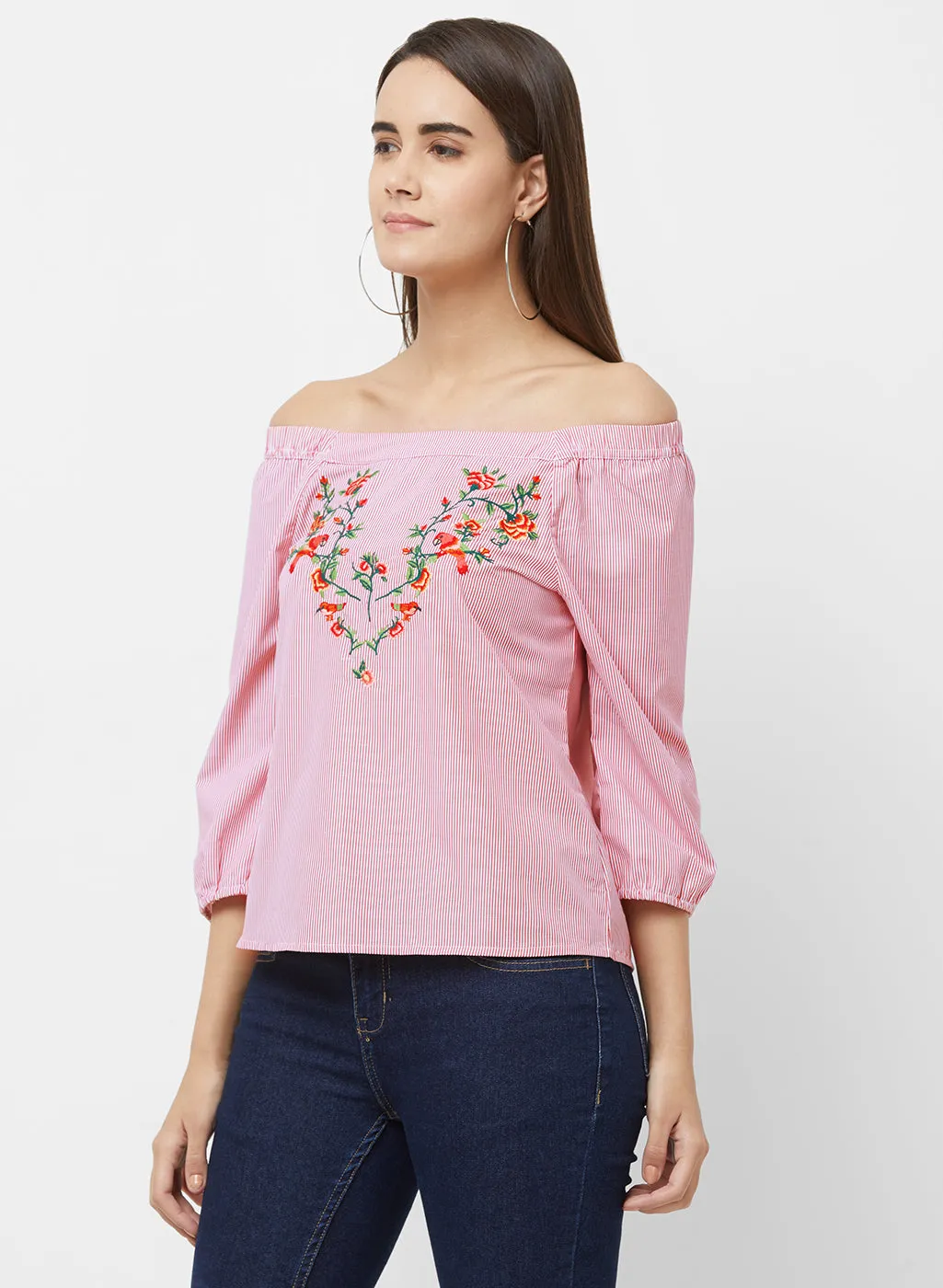 Red Off Shoulder Stripe Top With Embroidery