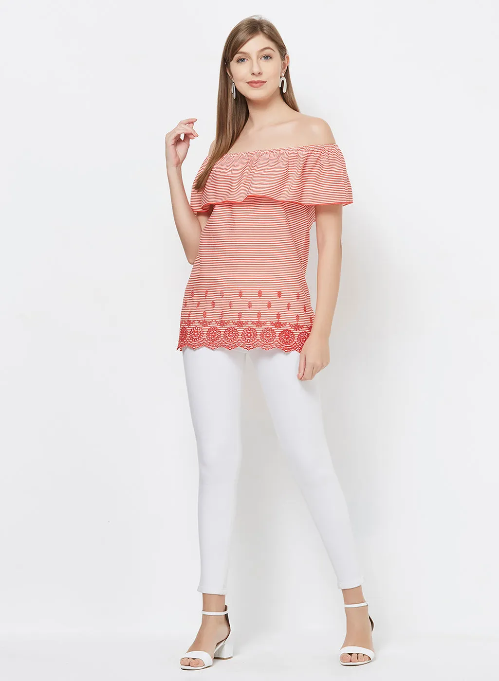 Red Off Shoulder Stripe Top