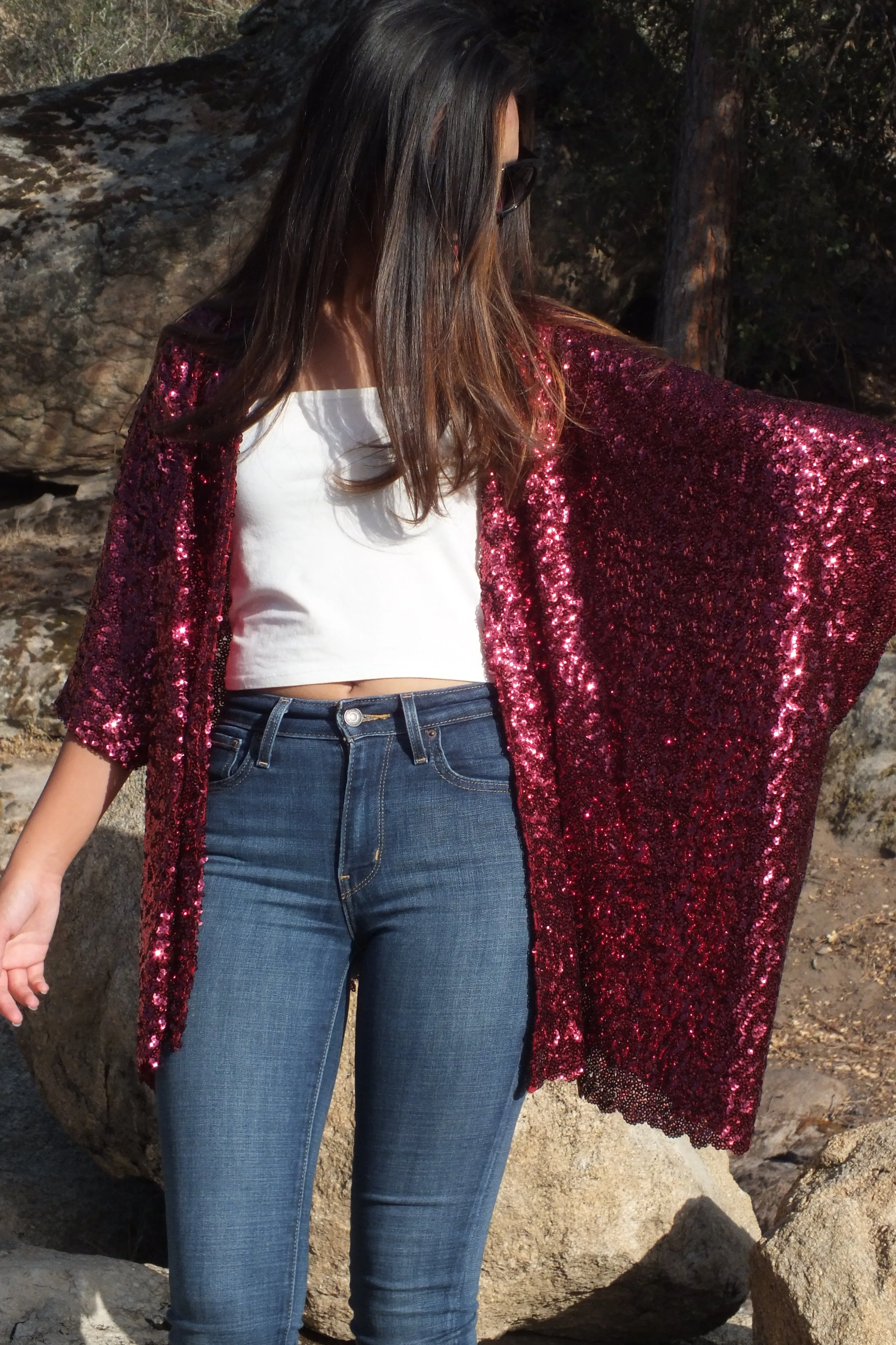 Red Sequin Kimono Top