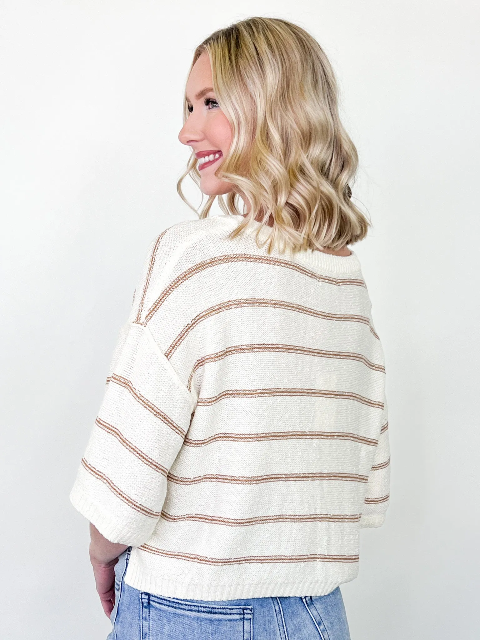 Reece - Striped Drop Shoulder Knit Top (Cream & Tan)