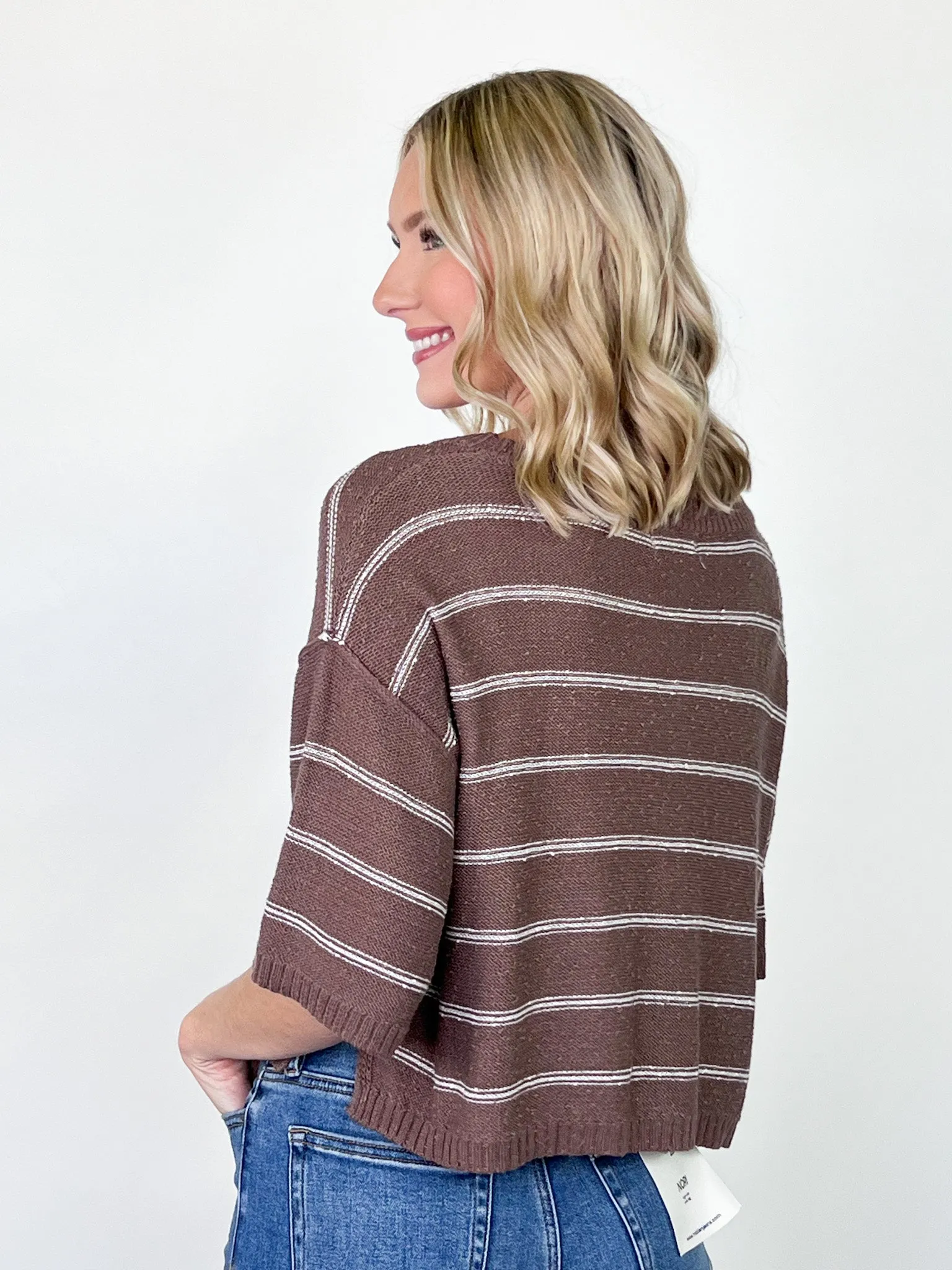 Reece - Striped Drop Shoulder Knit Top (Espresso & Cream)