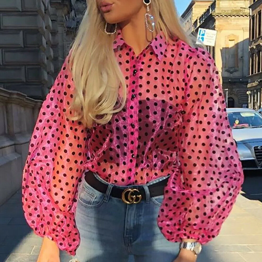 Retro Polka Dot See-Through Loose Button Big Puff Sleeve Women Blouse