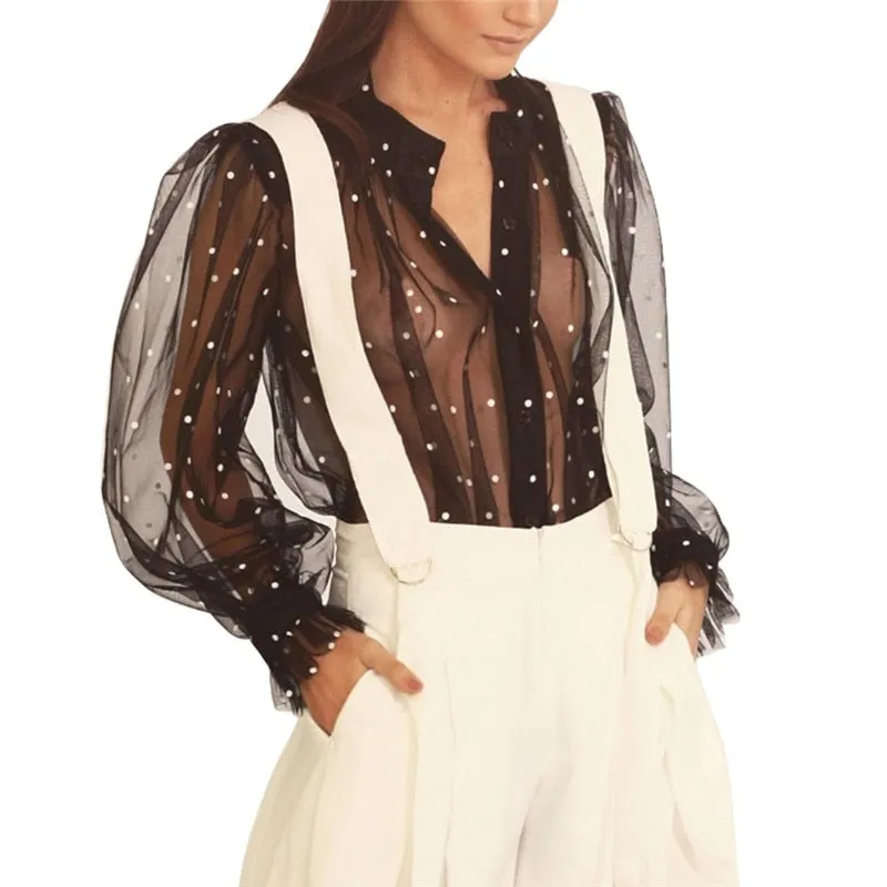 Retro Polka Dot See-Through Loose Button Big Puff Sleeve Women Blouse