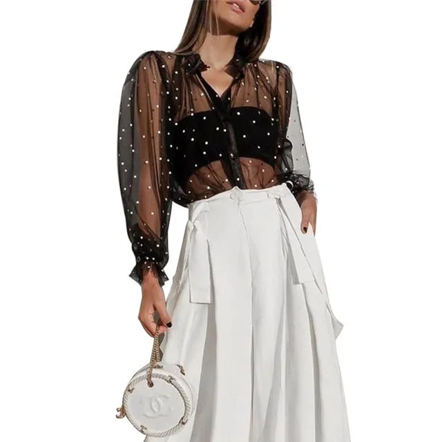 Retro Polka Dot See-Through Loose Button Big Puff Sleeve Women Blouse