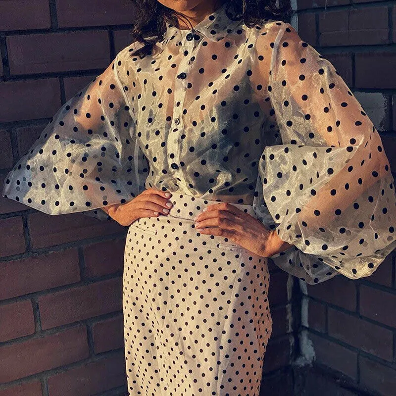 Retro Polka Dot See-Through Loose Button Big Puff Sleeve Women Blouse