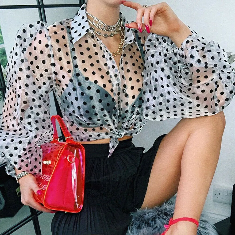 Retro Polka Dot See-Through Loose Button Big Puff Sleeve Women Blouse