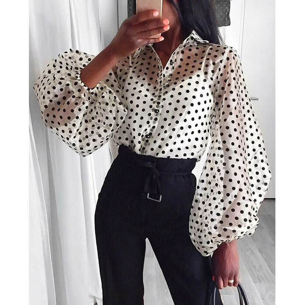Retro Polka Dot See-Through Loose Button Big Puff Sleeve Women Blouse