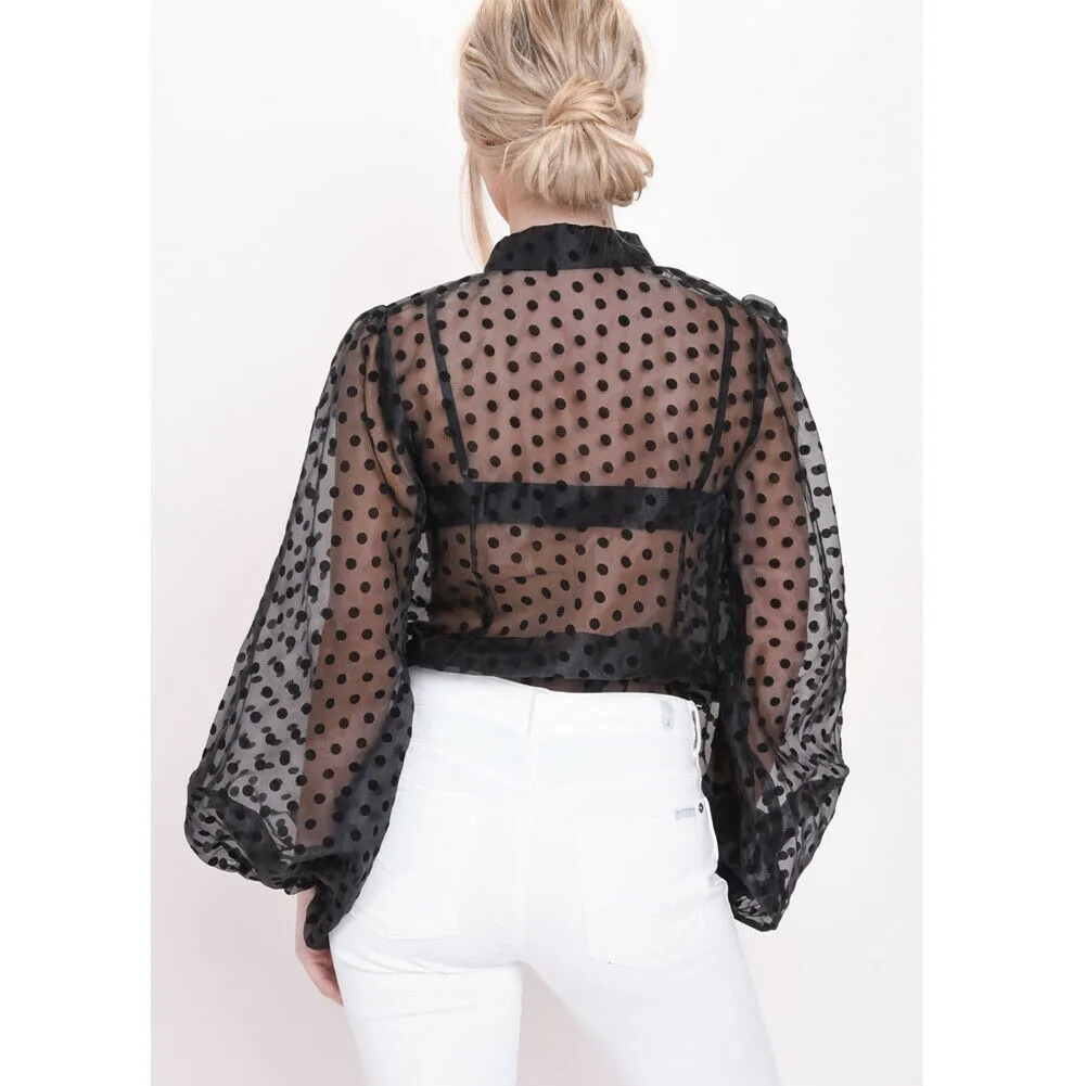 Retro Polka Dot See-Through Loose Button Big Puff Sleeve Women Blouse