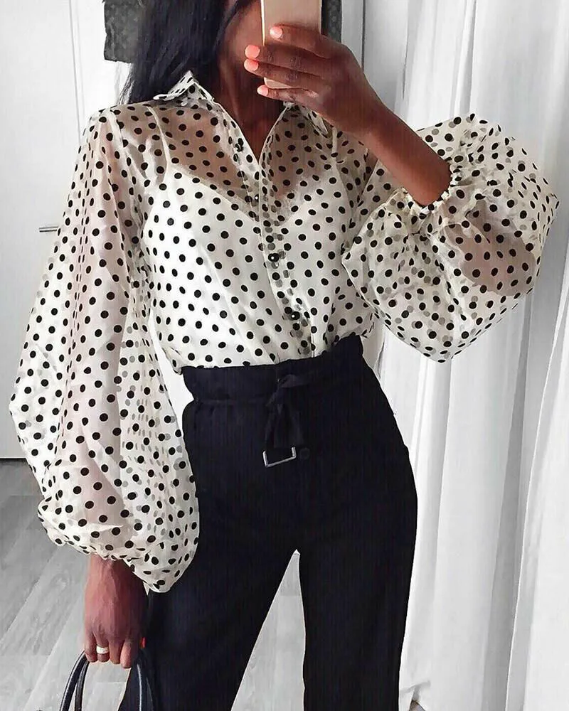 Retro Polka Dot See-Through Loose Button Big Puff Sleeve Women Blouse
