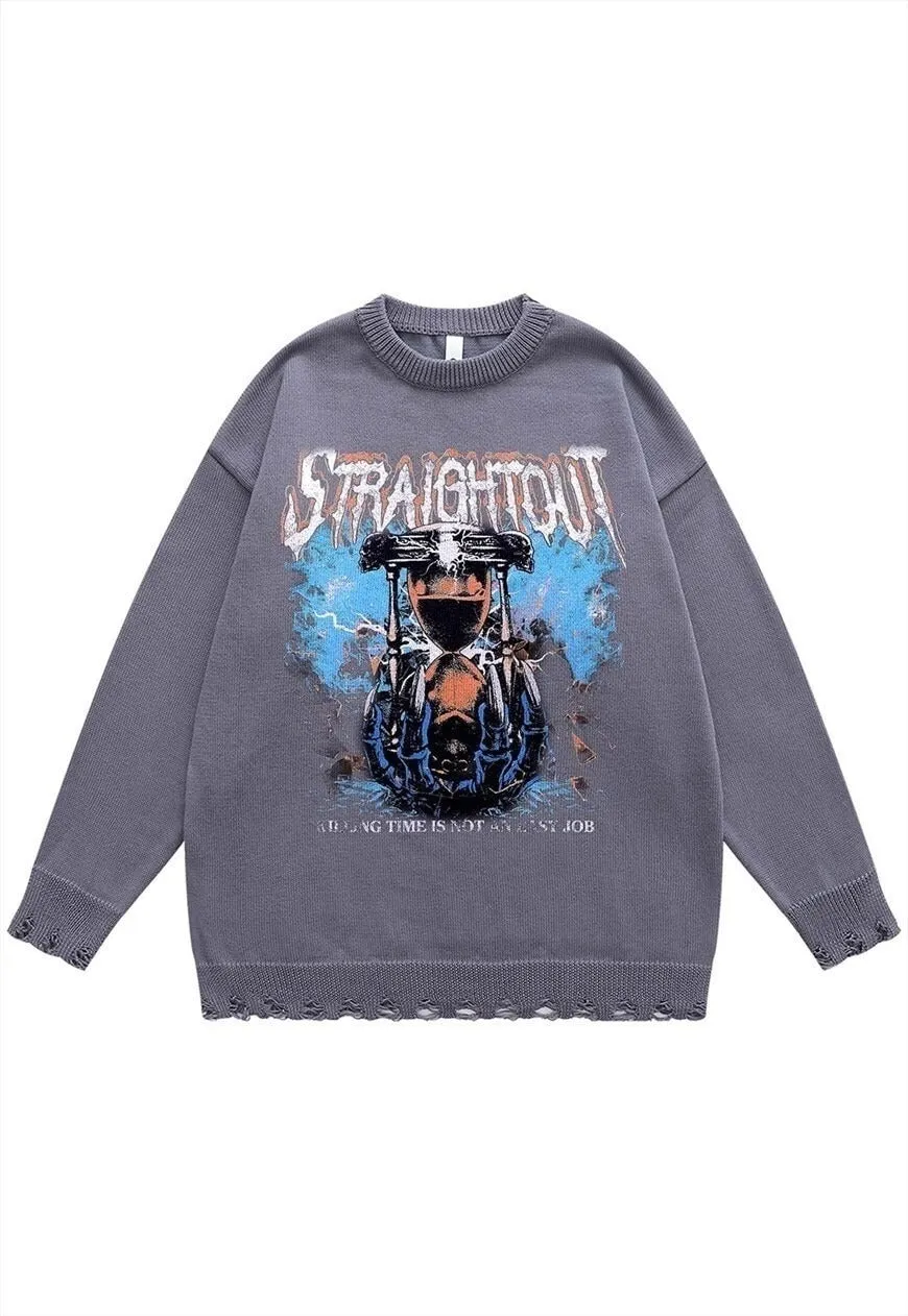 Retro print sweater spooky jumper ripped knitted time top