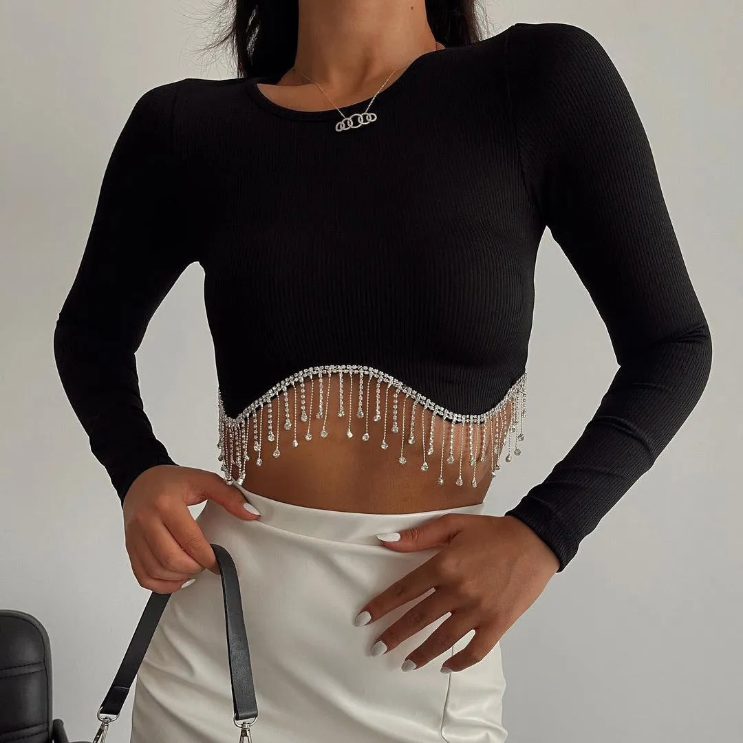 Rhinestone Tassels Long Sleeve Crop Top