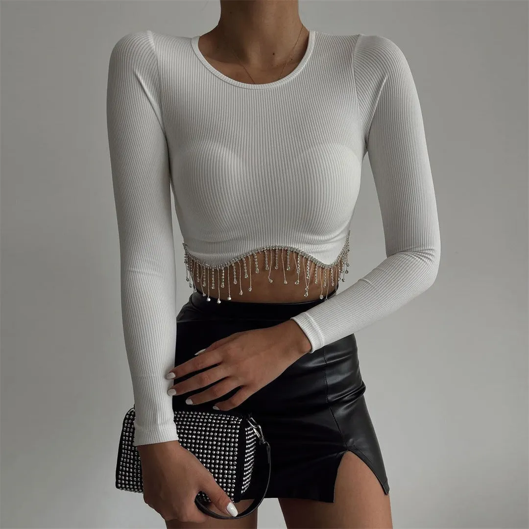 Rhinestone Tassels Long Sleeve Crop Top