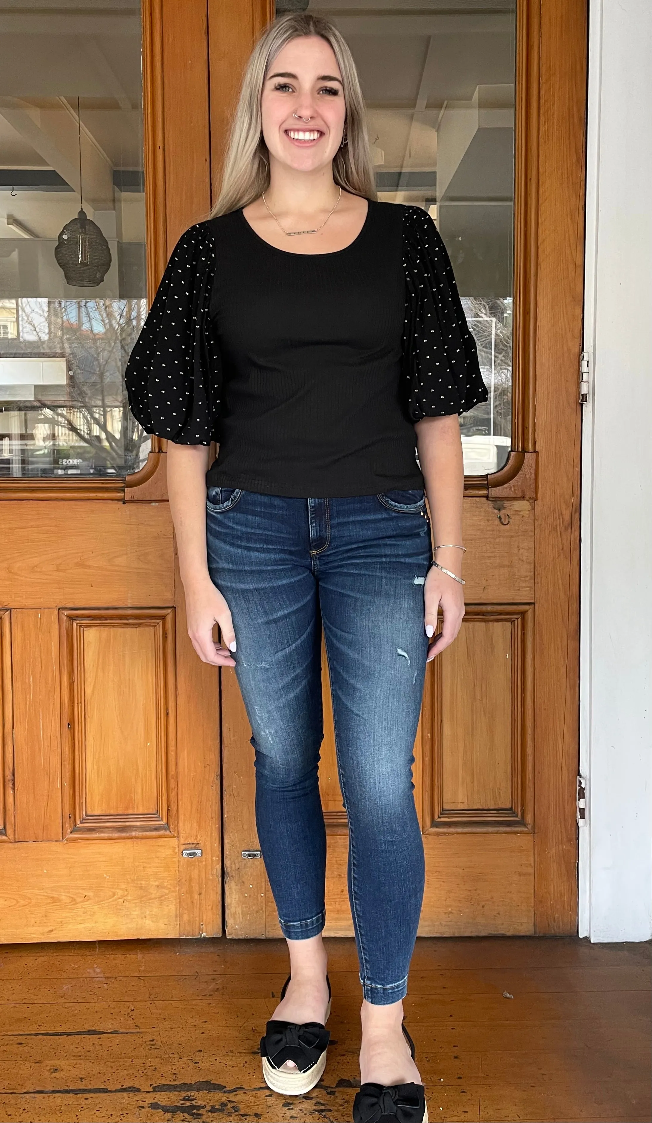 Ria Ribbed Puff Sleeve Top Black