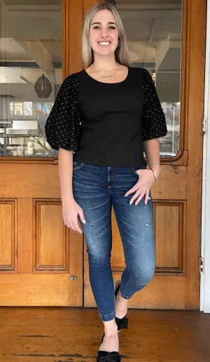 Ria Ribbed Puff Sleeve Top Black