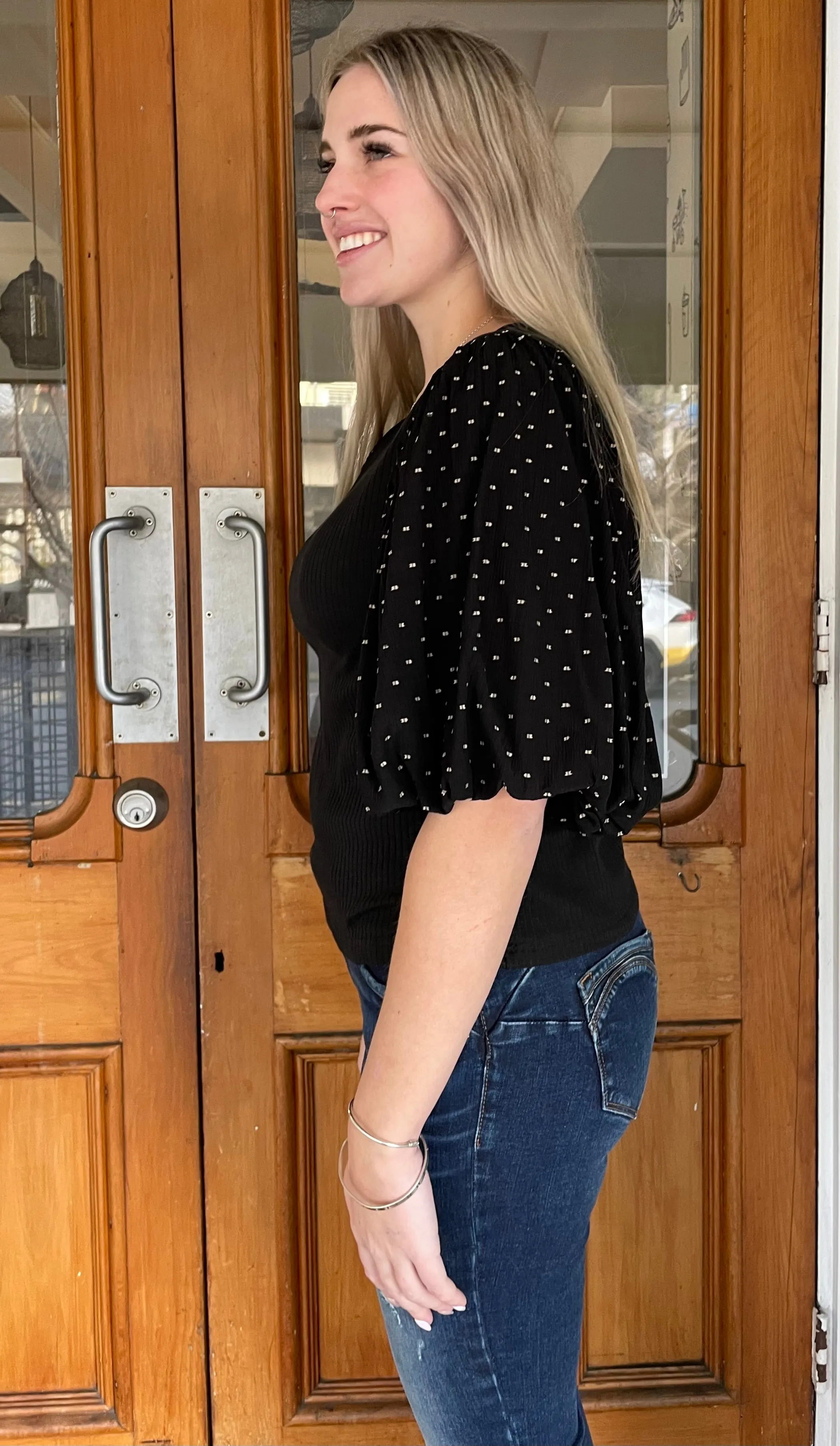 Ria Ribbed Puff Sleeve Top Black
