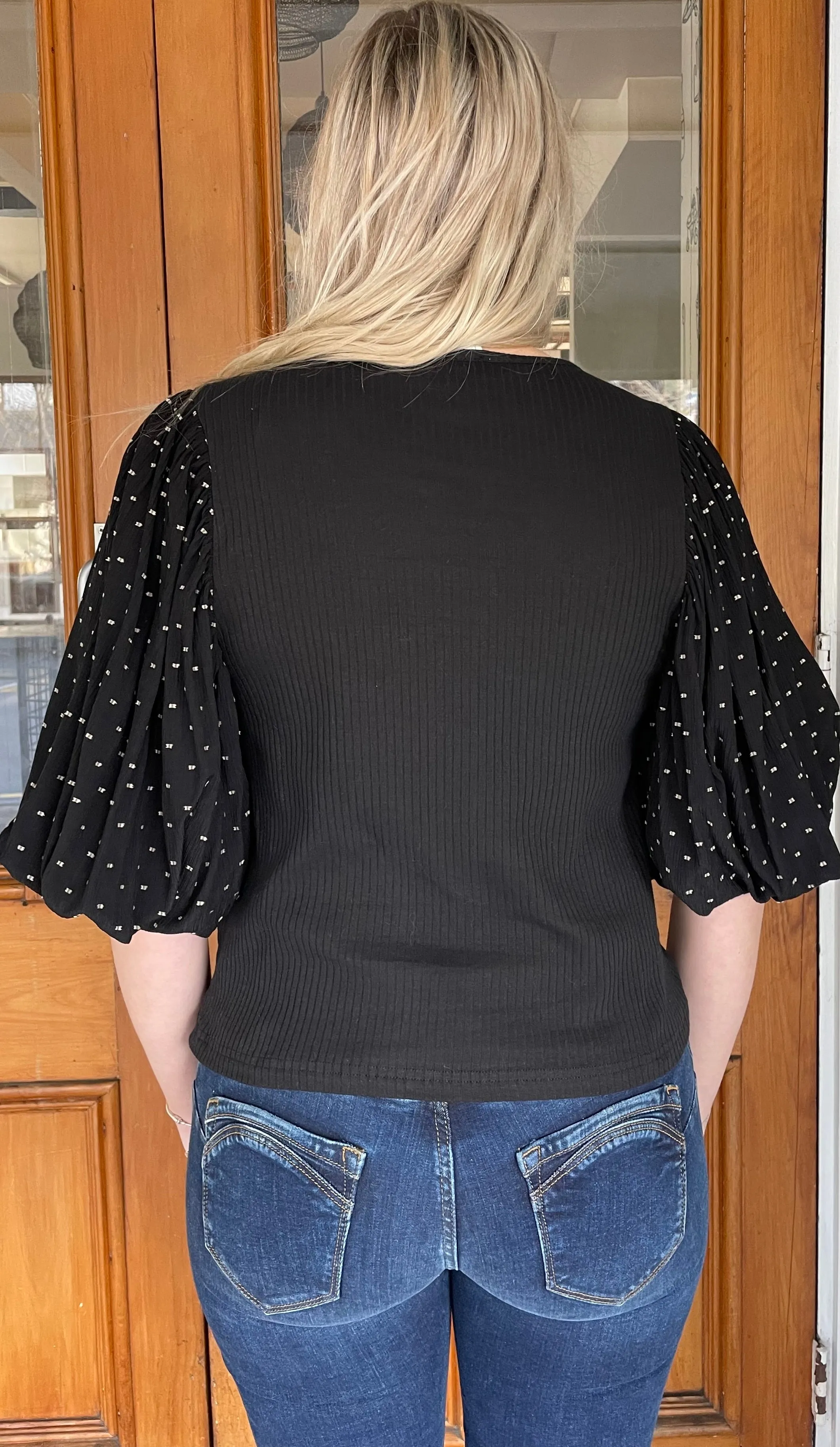 Ria Ribbed Puff Sleeve Top Black